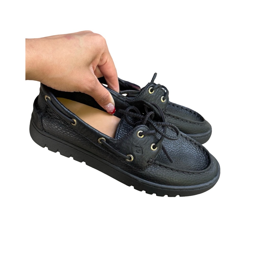 Sperry Keely Boat Shoes Womens 7.5 Black Pebbled Leather Lug Sole Loafers 104765 - Picture 2 of 8